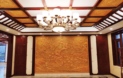 肃州中式别墅客厅中式木作横梁吊顶装饰展示